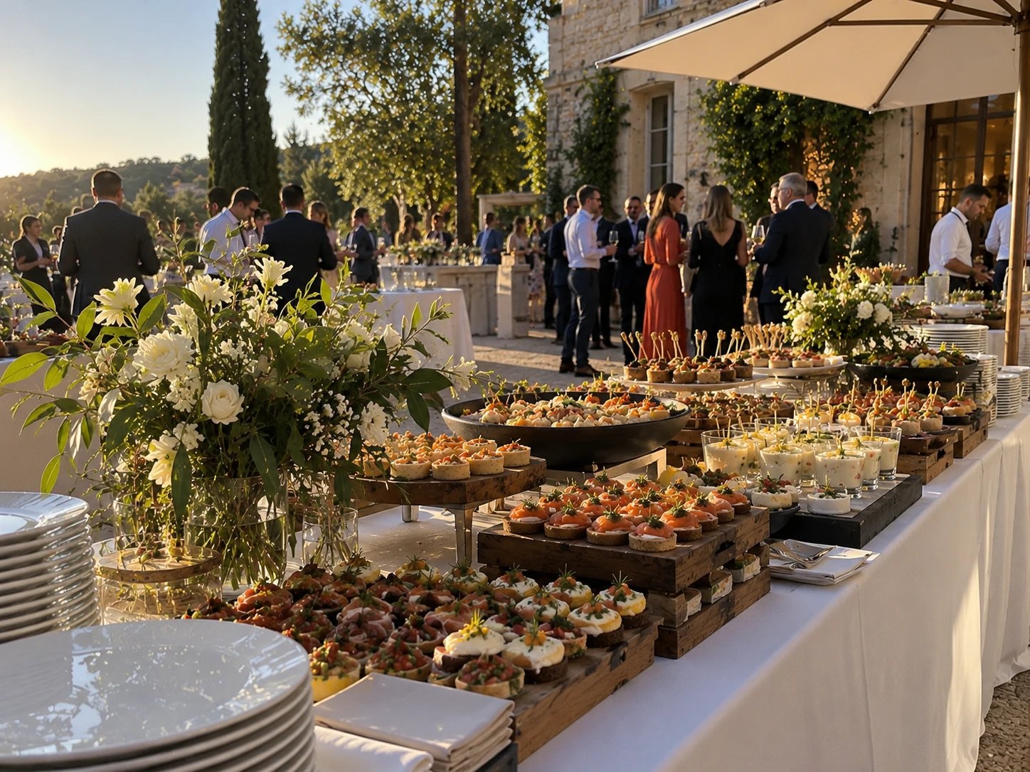 Buffet de mises en bouche dressé en extérieur pour un cocktail