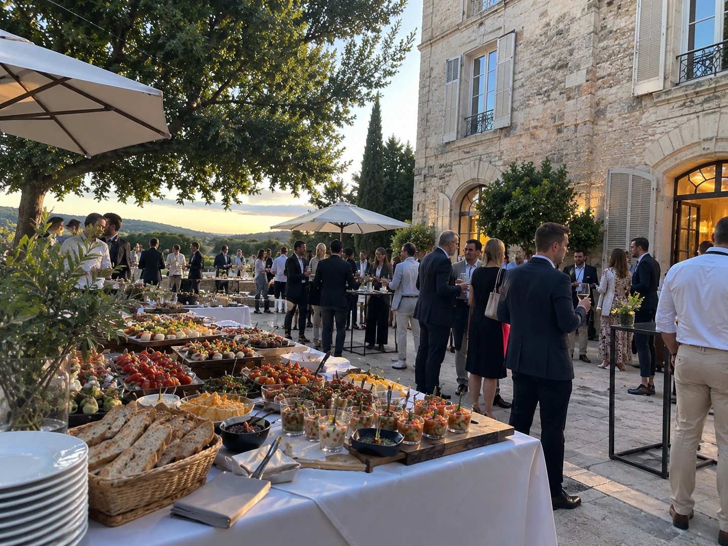 Cocktail d'entreprise servi en extérieur au coucher du soleil