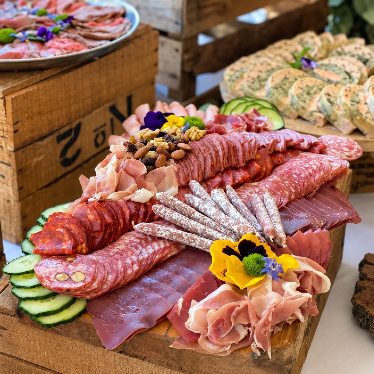Planche de charcuterie, jambon cru, saucissons et fleurs comestibles, buffet gourmand de Saisons Traiteur