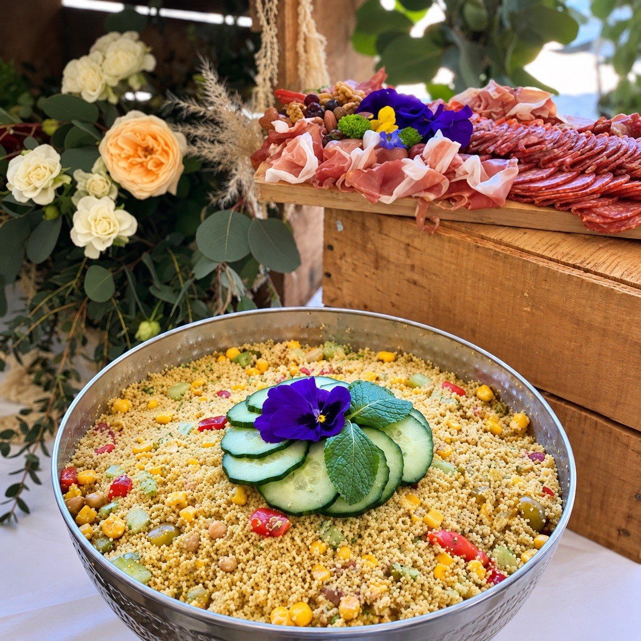 Grand plat de taboulé menthe et légumes dressé par Saisons Traiteur