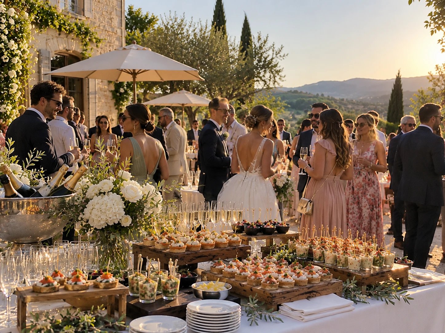 Vin d'honneur de mariage : coupes de champagne et pièces cocktail au coucher du soleil